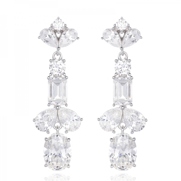 Oval Shape And Pear Shape Diamond Pink Cubic Zircon Rhodium Silver Earring 