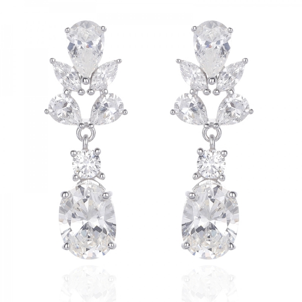 Oval Shape Diamond Blue And Pear Shape White Cubic Zircon Rhodium Silver Earring 