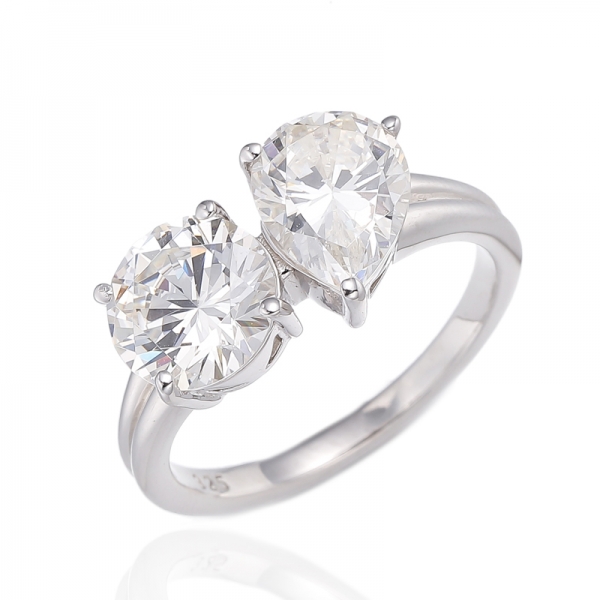 Pear Shape Diamond G And Round White Cubic Zircon Rhodium Silver Ring 