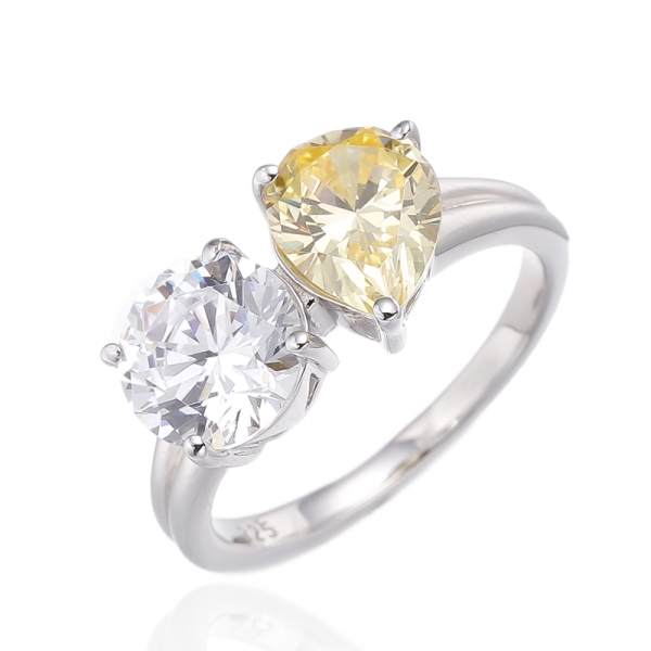 Pear Shape Diamond G And Round White Cubic Zircon Rhodium Silver Ring 