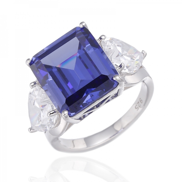 Emerald Cut Tanzanite And Heart Shape White Cubic Zircon Rhodium Silver Ring 