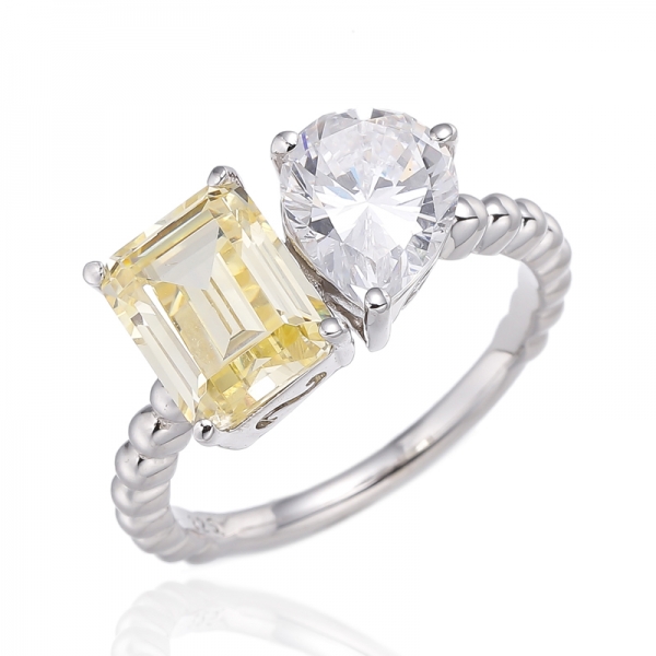Pear Shape And Emerald Cut Diamond G Cubic Zircon Rhodium Silver Ring 