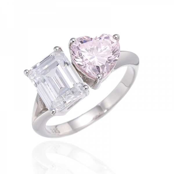 Heart Shape And Emerald Cut Diamond G Cubic Zircon Rhodium Silver Ring 