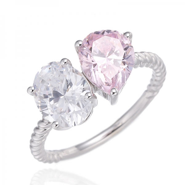 Pear Shape And Oval Shape Diamond G Cubic Zircon Rhodium Silver Ring 