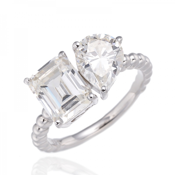 Pear Shape And Emerald Cut Diamond G Cubic Zircon Rhodium Silver Ring 