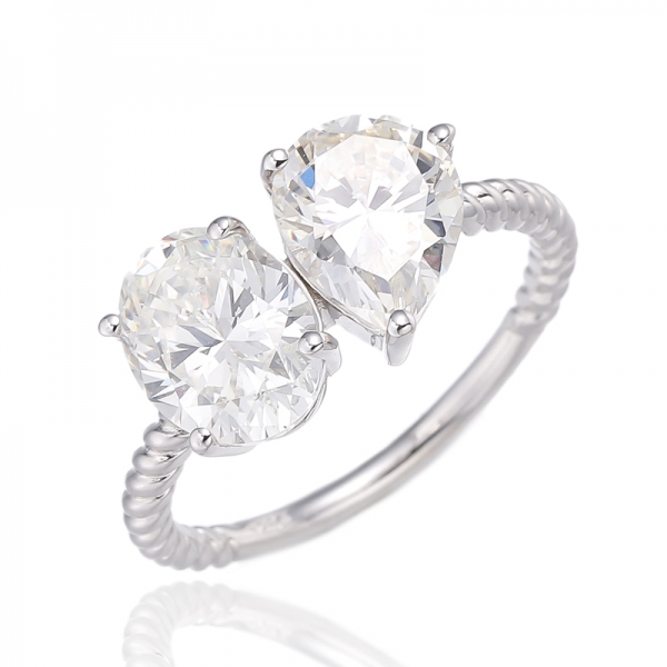 Pear Shape And Oval Shape Diamond G Cubic Zircon Rhodium Silver Ring 
