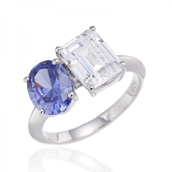 Oval Shape And Emerald Cut Diamond G Cubic Zircon Rhodium Silver Ring 