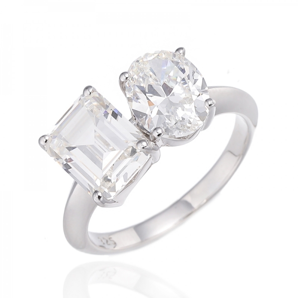 Oval Shape And Emerald Cut Diamond G Cubic Zircon Rhodium Silver Ring 