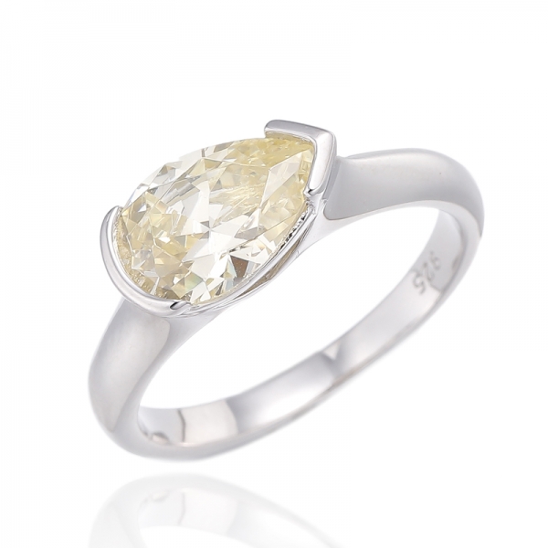 Pear Shape Diamond Yellow Cubic Zircon Rhodium Silver Ring 