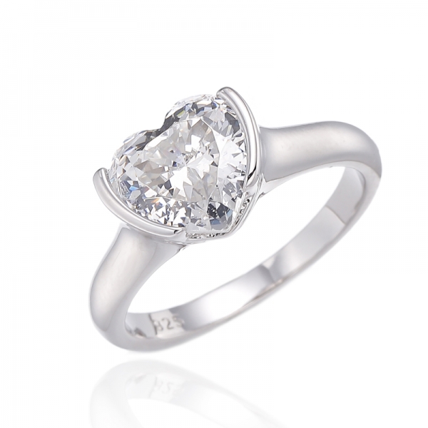 Heart Shape Diamond Pink Cubic Zircon Rhodium Silver Ring 