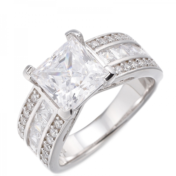 Square And Round White Cubic Zircon Rhodium Silver Ring 