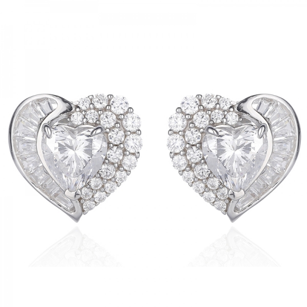 Heart Shape And Tapered White Cubic Zircon Rhodium Silver Earring 