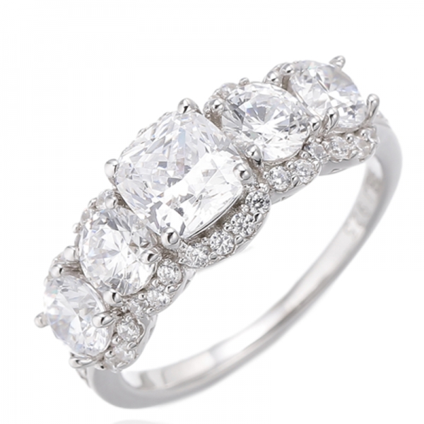 Cushion And Round White Cubic Zircon Rhodium Silver Ring 