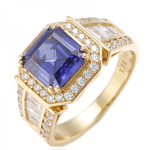 Asscher Tanzanite And Baguette White Cubic Zircon Gold Plating Silver Ring 