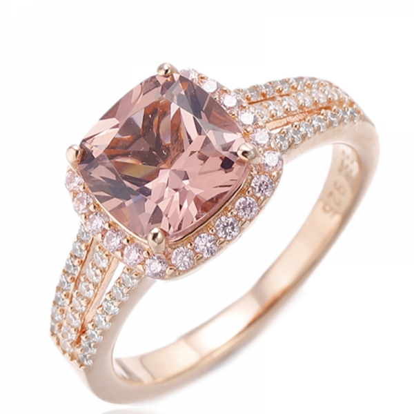 Cushion Morganite Nano And Round Pink Cubic Zircon Silver Ring With Rose Gold Plating 