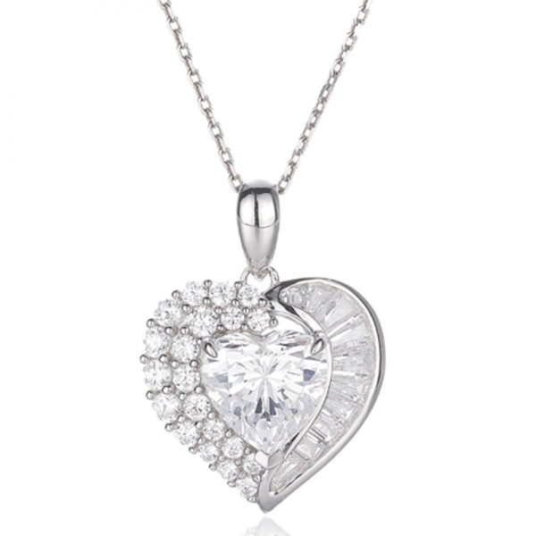 Heart Shape And Round White Cubic Zircon Rhodium Silver Pendant 