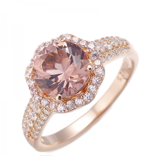 Round Morganite Nano And Pink Cubic Zircon Silver Ring With Rose Gold Plating 