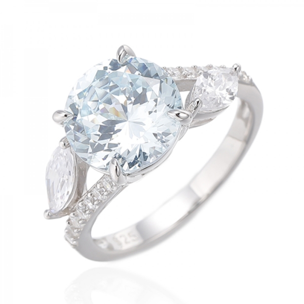 Round Aquamarine And Marquise White Cubic Zircon Rhodium Silver Ring 