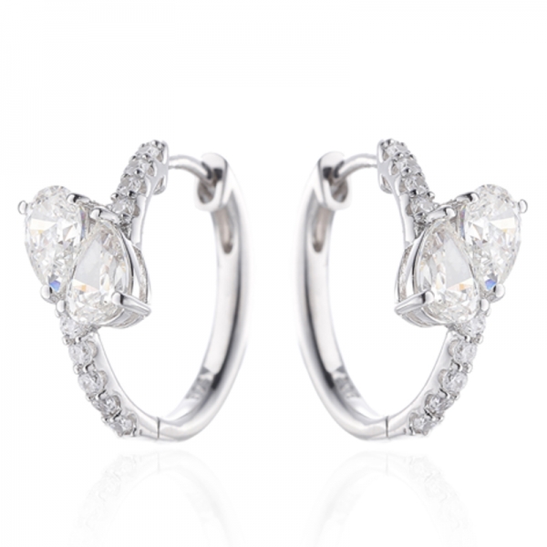Pear Shape Diamond G And Round White Cubic Zircon Rhodium Silver Earring 