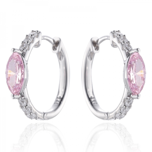 Marquise Diamond Pink And Round White Cubic Zircon Rhodium Silver Earring 