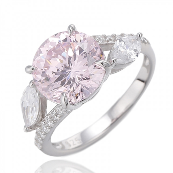 Round Aquamarine And Marquise White Cubic Zircon Rhodium Silver Ring 