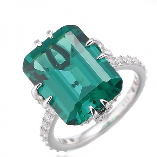 Emerald Cut Diamond G And Round White Cubic Zircon Rhodium Silver Ring 