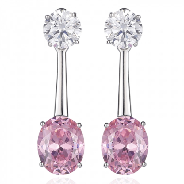 Oval Shape Pink And Round White Cubic Zircon Rhodium Silver Earring 