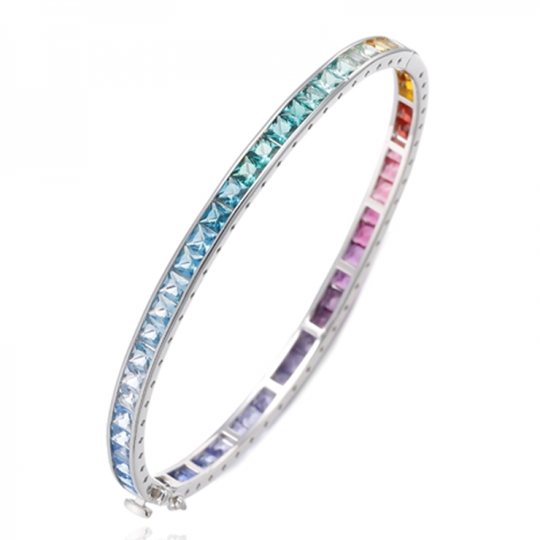 Square Rainbow Color Cubic Zircon Rhodium Silver Bangle 