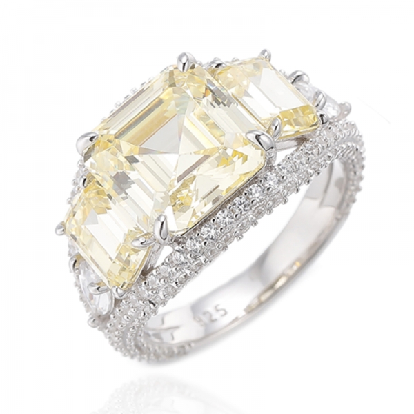 Asscher And Emerald Cut Diamond Yellow Cubic Zircon Rhodium Silver Ring 