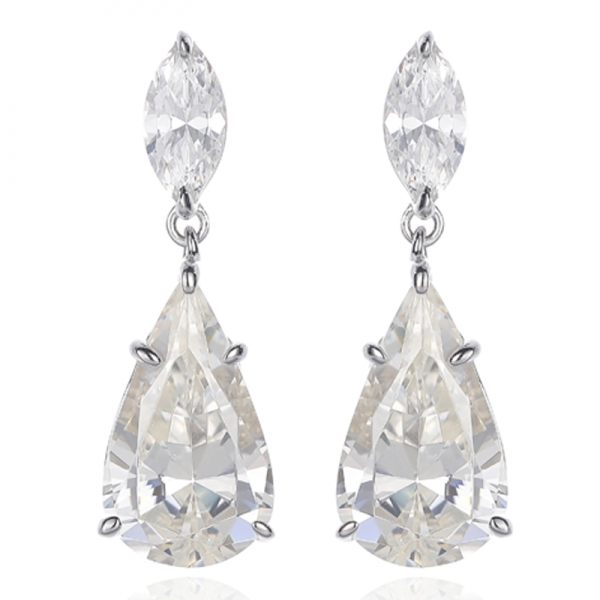 Pear Shape Diamond Yellow And Marquise White Cubic Zircon Rhodium Silver Earring 