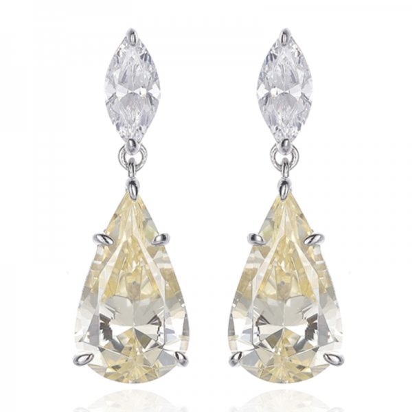 Pear Shape Diamond Yellow And Marquise White Cubic Zircon Rhodium Silver Earring 