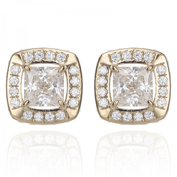 Square Diamond G And Baguette White Cubic Zircon Silver Earring With Glod Plating 