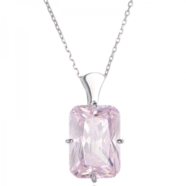 Octagon Diamond Pink And Round White Cubic Zircon Rhodium Silver Pendant 