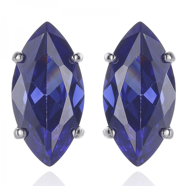 Marquise Tanzanite And Round White Cubic Zircon Rhodium Silver Earring 