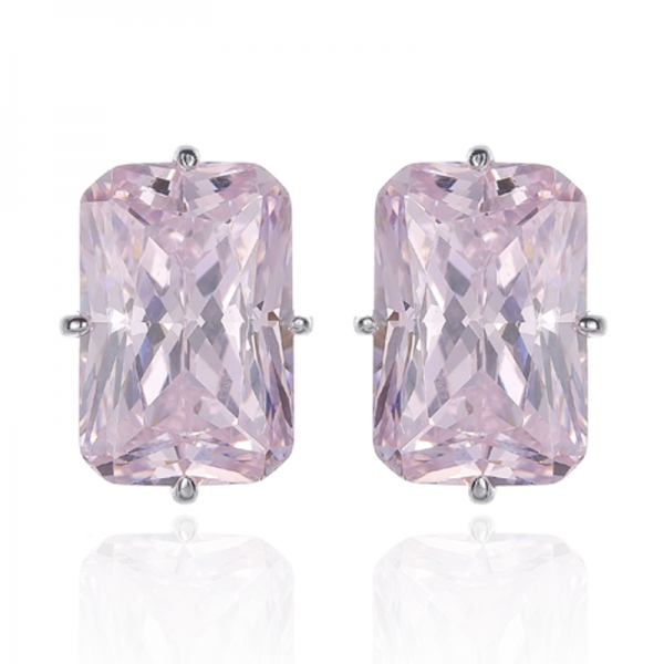 Octagon Diamond Pink And Round White Cubic Zircon Rhodium Silver Earring 