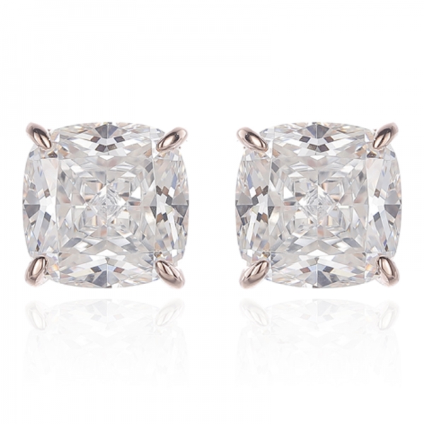 Cushion Diamond G And Round White Cubic Zircon Silver Earring With Rose Gold Plating 