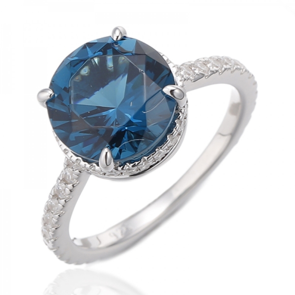 Round London Blue And White Cubic Zircon Rhodium Silver Ring 