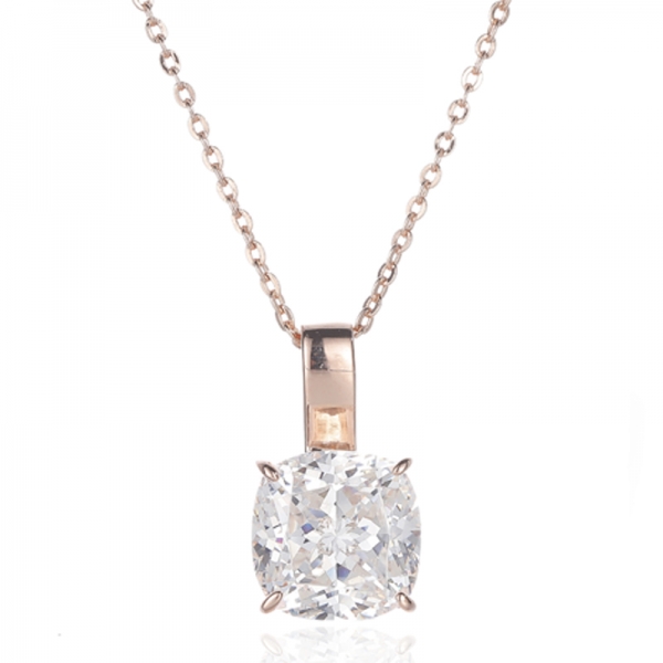 Cushion Diamond G And Round White Cubic Zircon Silver Pendant With Rose Glod Plating 