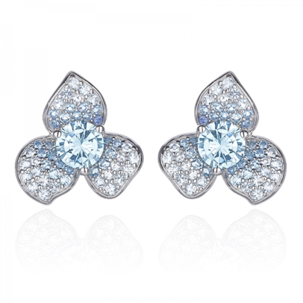 Round Aquamarine Nano And Multiple Blue Spinel Rhodium Silver Earring 
