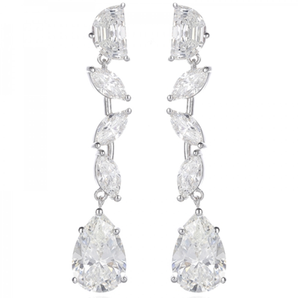 Pear Shape And Half Moon Shape Diamond G Cubic Zircon Rhodium Silver Earring 