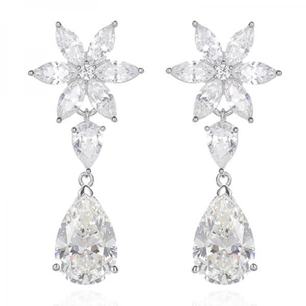Pear Shape Diamond Pink And Marquise White Cubic Zircon Rhodium Silver Earring 