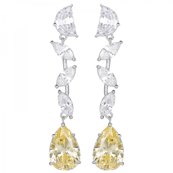 Pear Shape And Half Moon Shape Diamond G Cubic Zircon Rhodium Silver Earring 