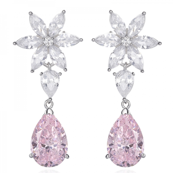 Pear Shape Diamond Pink And Marquise White Cubic Zircon Rhodium Silver Earring 