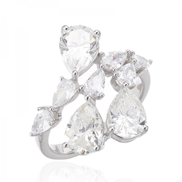Pear Shape Diamond Yellow And White Cubic Zircon Rhodium Silver Ring 