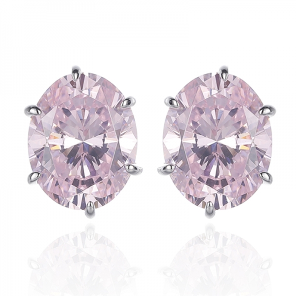 Oval Shape Diamond Pink And Round White Cubic Zircon Rhodium Silver Earring 