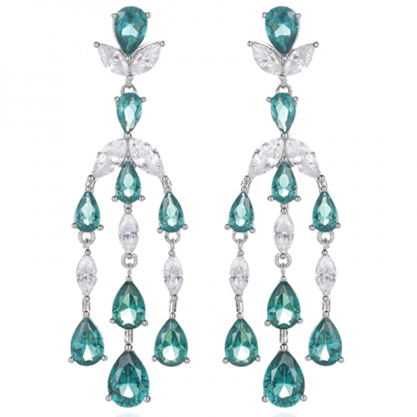 Pear Shape Green Nano And Marquise White Cubic Zircon Rhodium Silver Earring 