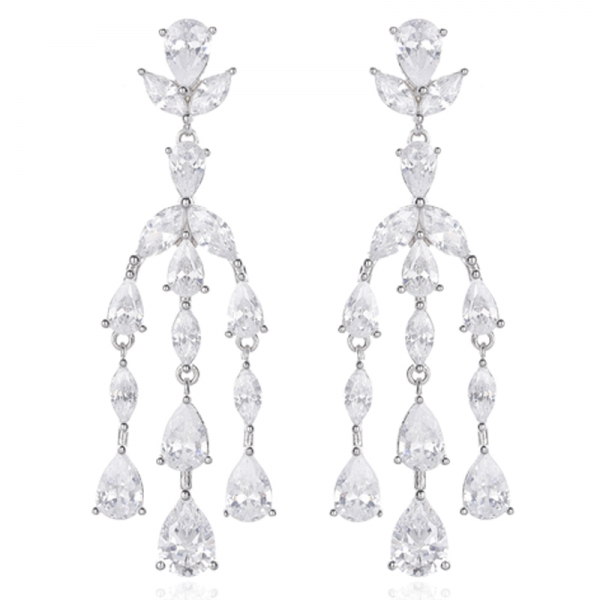 Pear Shape Green Nano And Marquise White Cubic Zircon Rhodium Silver Earring 