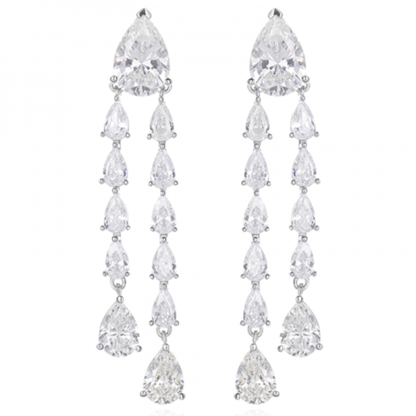 Pear Shape Diamond G And White Cubic Zircon Rhodium Silver Earring 