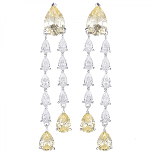 Pear Shape Diamond G And White Cubic Zircon Rhodium Silver Earring 