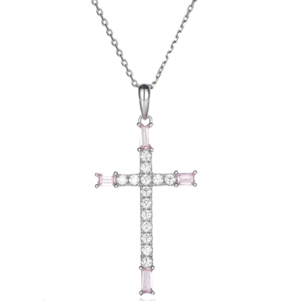 Baguette Pink And Round White Cubic Zircon Rhodium Silver Pendant 